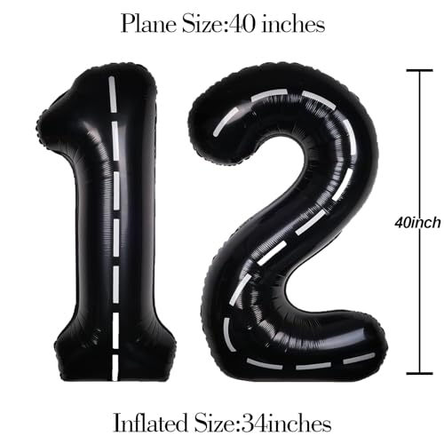 Image of Race Car 40 Inch Black 12 Big Large Helium Balloon Number 0-9 | Track Giant Digital 12th Foil Mylar Party Balloons for Men Birthday Car Theme Party Anniversary Graduation Decorations