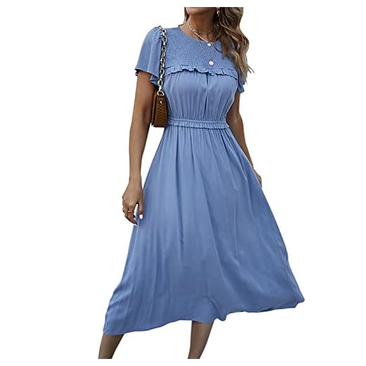 Anna-Kaci Women's Boho Midi Dress Boat Neck Ruffle Sleeve Smocked Waist Solid Color Dresses, Blue, Medium