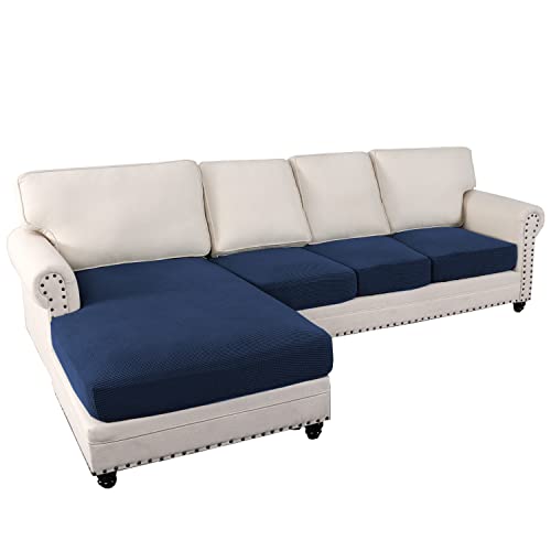 Cjc Couch Cover For Sectional Sofa L Shape 3 Piece Covers, Jacquard Stretch Cushion Couch Chaise Cover For Living Room Sofa Slipcovers L Shape Furniture Cover (Navy Blue, 4 Piece Covers) #TOP17