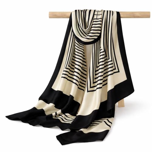 Image of Women's Polyester Striped Scarf - Soft Lightweight Long Stole | Elegant Black and White Striped Print Neck Wrap | Stylish Fashion Scarf for Women Casual Office Wear