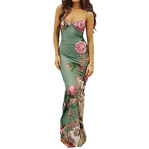 ABYOVRT Vintage Dress for Women Floral Long Dress Sexy Backless Spaghetti Strap Bodycon Maxi Dress Going Out Formal Dress (H-Green, M)