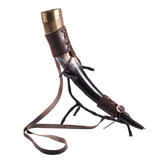 Nordic Drinkware Viking Drinking Horn Set with Leather Belt & Shoulder Strap + Iron Stand, 18oz, Varied Colors
