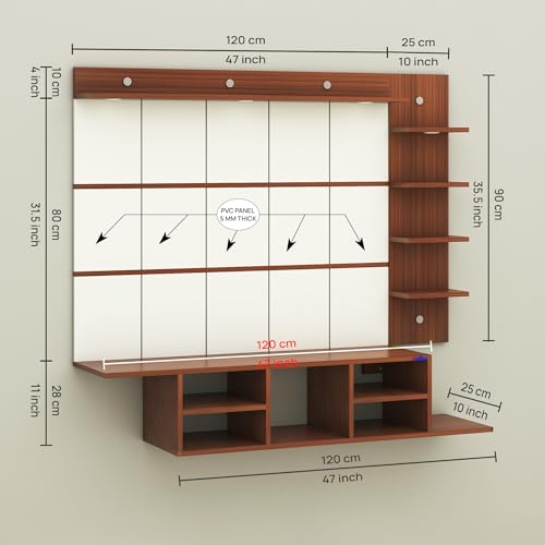 Image of Anikaa Charley Engineered Wood Wall Mount Striped PVC Back Panel TV Unit with Spot LED Lights | TV Cabinet with Open Storage Box (Walnut) | Ideal for UP to 43 Inch TVs - DIY Installation