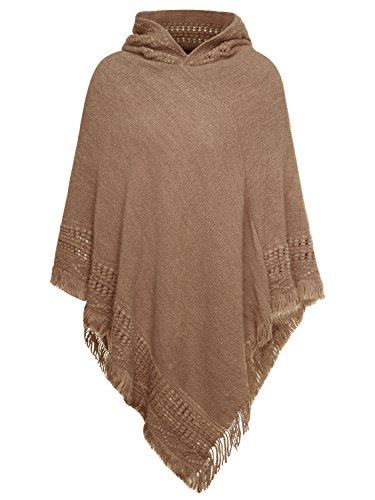 Slivexy Women's Fringed Hem Funnel Neck Tassel Hooded Sweater Poncho
