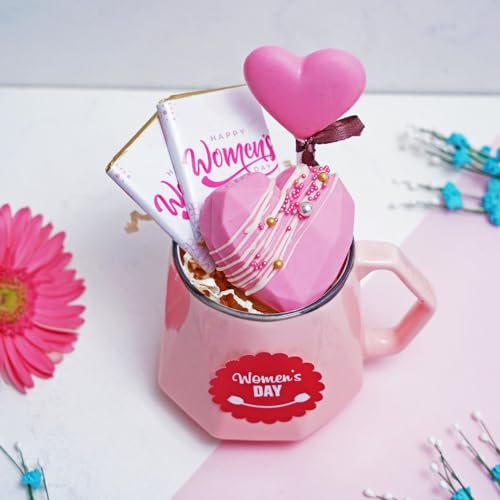 Image of Velvet Fine Chocolates Gift Hamper Loving Womens day mug 2 chocolate bars,1 heart shape hot chocolate pinata, 1 heart shape lollipop inch