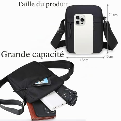 Sacs Bandoulière Homme Sacoche Petits Sac à Bandoulière Crossbody Bag Shoulder Pochettes Sacs à Main Voyage Cartable Besace pour Loisirs Vacances Excursion Randonnée (Noir Petits Sac à Bandoulière) – vue 5
