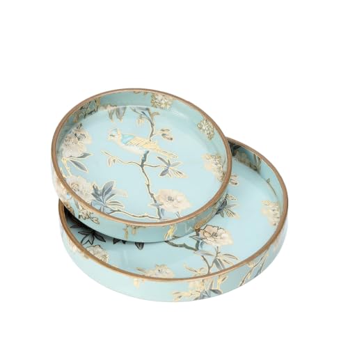 Image of Round Wooden Serving Tray Set of 2, Decorative Floral Design Resin Coated Trays with Raised Edge, Multipurpose Serving & Home Decor Trays for Dining Table, Centre Table & Kitchen