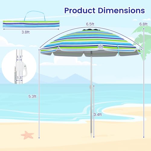 HAPPYGRILL 6.5 FT Beach Umbrella with Sand Anchor, Portable Outdoor Sunshade with Push Button Tilt, Sun Protection, Carrying Bag, Vented Canopy, Patio Parasol for Garden Pool Backyard (Green)