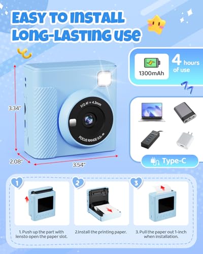 TIATUA Câmera De Impressão Instantânea Infantil, Presentes De Natal E Aniversário Para Meninas E Meninos, Câmera Digital Infantil De Vídeo Hd 1080P Com Papel Para Impressão E Cartão 32G, Brinquedo - Imagem 7
