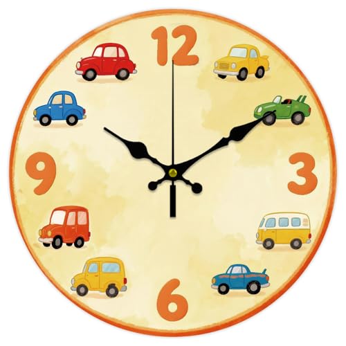 CONCHLERY Cartoon Cars Pattern Clock 12 Inch Non-Ticking Clocks Round Wall Hanging Clock for Bedroom Living Room Kitchen Office