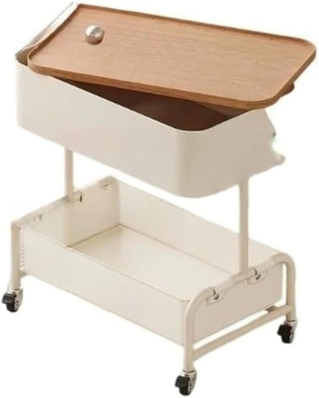 ベッドサイドテーブル キャスター付き 360&deg; 回転天板 収納コンパートメント付き作業台機能 ベッドサイド・ソファサイド用 家庭用