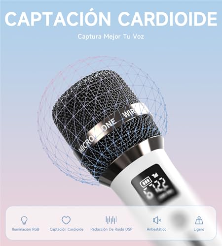 Micrófono Inalámbricos, Micrófonos Con Conexión de Chip Uno a Uno y Luces LED, Duración de 40h, Alcance de Recepción de 200 Pies, Control de Volumen, Micrófono de Karaoke Para Cantar, YouTube/TikTok - imagen 2