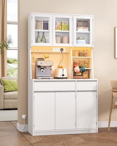 Hzuaneri Kitchen Cupboard with LED & Power Outlet, Tall Kitchen Cabinet with Countertop & 2 Drawers, Sideboard Storage Cabinet, Adjustable Shelves, for Dining Room, 40 x 100 x 180 cm, White PT00103XUK - Image 2
