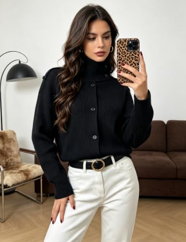 NATTEMAID Women Long Sleeve High Neck Buttons Loose Knit Cardigan Sweater Tops Black Medium - image 4