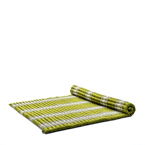 Leewadee XXL Colchoneta Thai Enrollable Extra Ancha, 200x145x5 cm, Colchón De Invitados Esterilla De Yoga Futon Masaje Thai Colchoneta De Dormir Orgánico Naturalmente Ecológico, Capok, Verde
