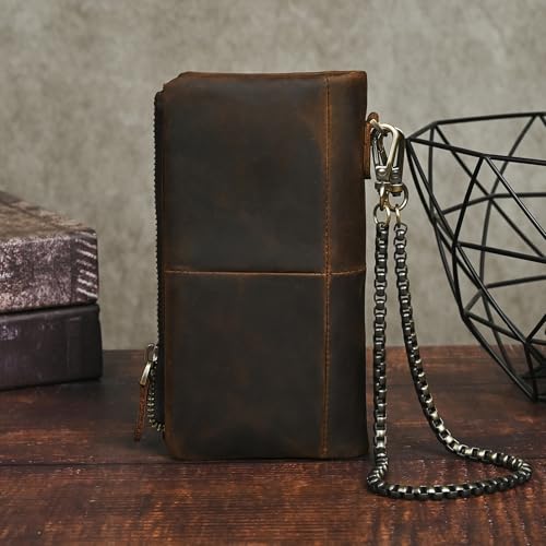 Genuine Crazy Horse Leather Travel Gift Coin Pocket Card Case Long Organizer Chain Rfid Wallet Purse With Snap For Men Male 1029 (1029 Brown)2