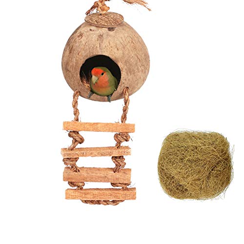Tfwadmx Coconut Hide with Ladder, Natural Coconut Fiber Hanging Birdhouse Cage, Coconut Bird