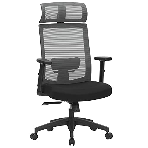 SONGMICS Silla de Oficina de Malla, Silla de Escritorio, Giratorio de 360°, Soporte Lumbar Ajustable, Apoyacabezas y Apoyabrazos, Inclinación del Respaldo hasta 120°, Gris OBN55BG