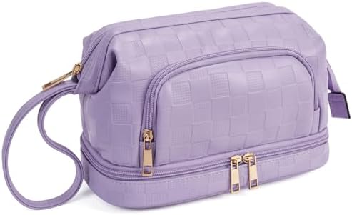 Telena Makeup Bag Large Capacity Travel Cosmetic Bags Double Layer Portable Leather Make Up Bag for Women (Purple)