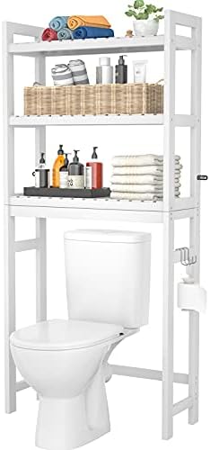 Homykic Over The Toilet Storage, Bamboo 3-Tier Over-The-Toilet Space Saver Organizer Rack, Stable Freestanding Above Toilet Stand with 3 Hooks for Bathroom, Restroom, Laundry, White