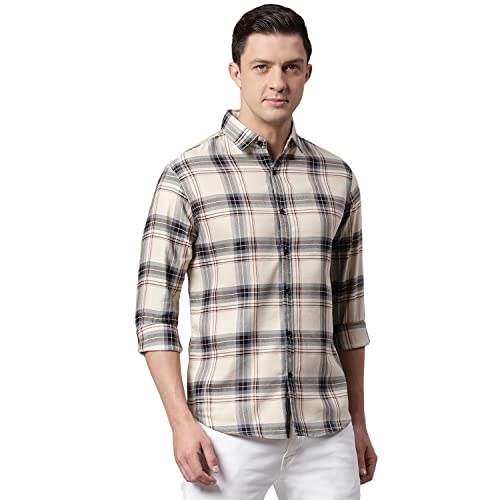 Image of Dennis Lingo Men's Casual Long Sleeve Plaid Cotton Shirt, cream, XL