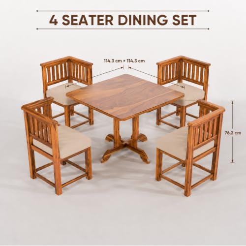 Image of Sheesham Wood 4 Seater Dining Table with 4 Cushioned Chairs for Living Room Home Office Dining Room Wooden Dininig Set (Natural Finish)