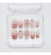 NLSJMP,10Pcs,Size S,Pink bow, 3D Handmade Medium Length Press on Nails Acrylic Fake Nails Kit,Rhi...