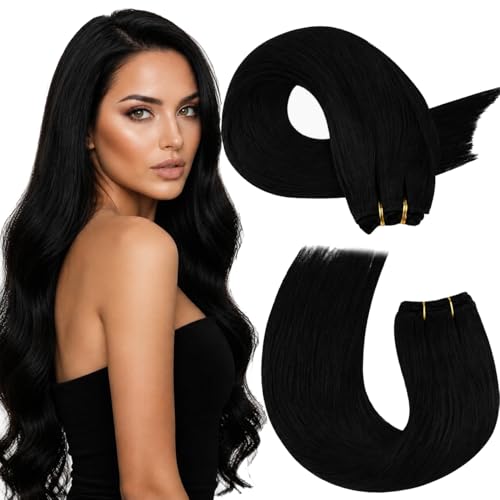 Moresoo Sew In Hair Extensions Real Human Hair Jet Black 24 Inch