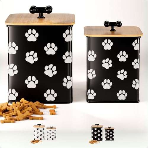 Dog Treat Container Airtight Set of 2 - 8x6 & 7x5 inch Iron Dog Treat Jars for Kitchen Counter with Airtight Bamboo Lids - 20 Cup Capacity Pet Treat Container Set - Doggie Cookie Jar - Treats Canister