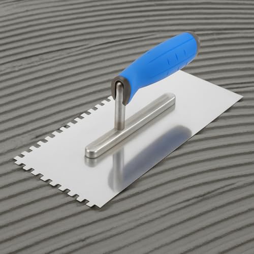 Fliesenkelle aus Edelstahl, gekerbt, 270 mm – 6 x 6 mm, quadratische Kerbe, Klebstoffspachtel mit weichem Griff, für Wand- und Bodenfliesenprojekte, langlebiges und rostbeständiges Werkzeug (N7806)