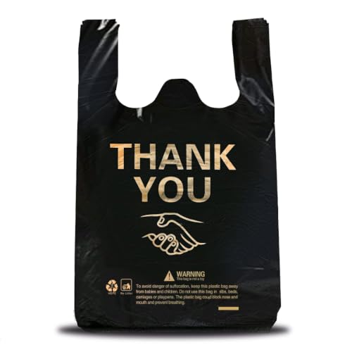 ysmile 50 pcs Thank You Plastic Grocery Bag Reusable T Shirt Bags for Store Shopping Disposable To Go Food Bag Bulk 12x19 - Black