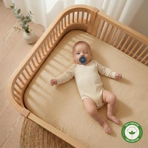 Image of Crib Sheets - Organic Cotton Muslin Fitted Crib Sheet - Standard Size for Baby Boys 28 inch x 52 inch Ultra-Soft and Breathable. 2-Pack (Fog /Sage Green)