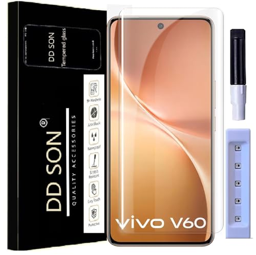 Image of DD SON UV Premium Tempered Glass Screen Protector Guard Compatible For Vivo V60 / V60e / V60 Pro (6.77 Inch, Pack of 1) Full Adhesive UV Curved Case Friendly HD Clarity with easy installation kit