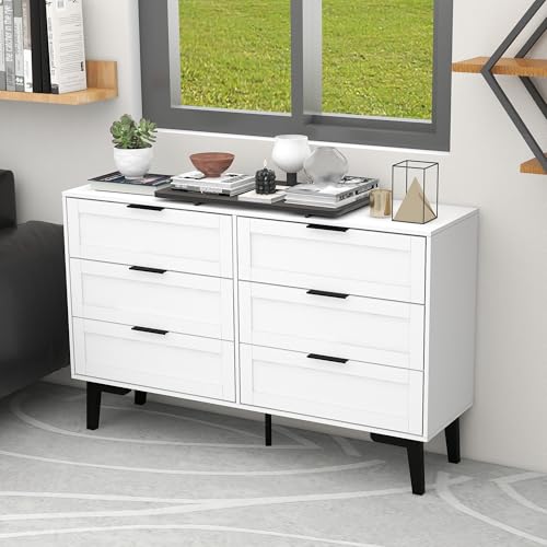 Image of Modern Wooden Dresser with Drawers, Tall Bedroom Storage Chest of Drawers, Wide Storage Dresser for Bedroom, Living Room, Entryway, Sturdy Organizer Cabinet Furniture,White