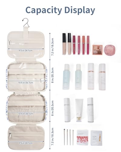 Image of Narwey Large Hanging Toiletry Bag Travel Makeup Bag Cosmetic Organizer for Women and Girls, Z-Little Blue Flower, Medium