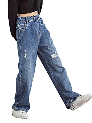 FEESHOW Big Girls Kids Distressed Ripped Hole Jeans Teens Blue Elastic Waistband Print Flower Casual Denim Cropped Pants4