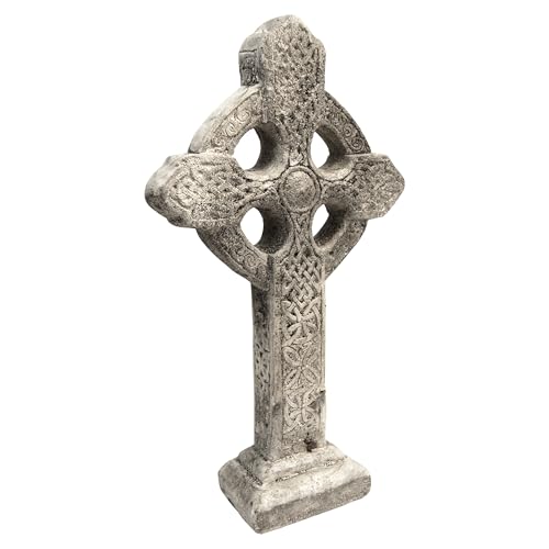 BestNest Athens Celtic Cross Garden Statue on Base – Pre-Aged Concrete Outdoor Religious Sculpture with Impressed Celtic Pattern, Gray Faith Garden Decor