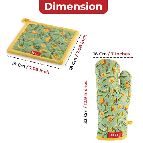 Image of HAZEL Cotton Oven Glove (1 Pair) and Pot Holder Set for Kitchen | Durable and Safe Cooking and Baking