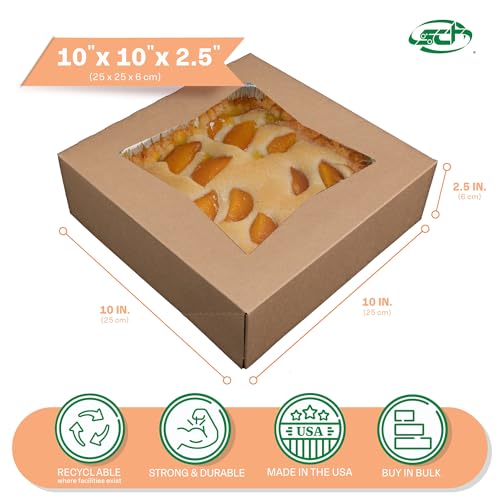 SCT Kraft Window Bakery Box (200 Pack) 10x10x2.5, Auto Pop-Up Bakery Carrier for Pies, Donuts, Pastries, Kraft with Clear Lid, 24233K - Thumbnail 2