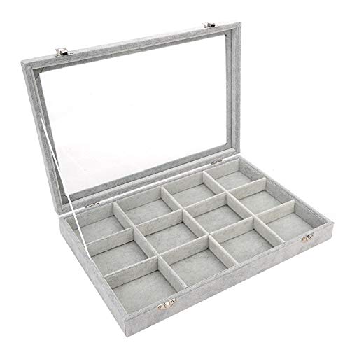 12 Lattices Jewelry Bracelet Box Flannelette Glass Plate Window Grey