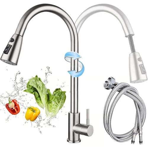 VOLTGY- Grifo Cocina EXTRAIBLE de ACERO INOXIDABLE. 3 FUNCIONES; 2 Chorros y Pausa. MOVILIDAD de 360º. Grifo Extensible Cocina.