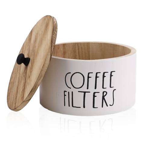 Penitue Round Coffee Filter Holder with Lid, Wooden Rustic Farmhouse Style