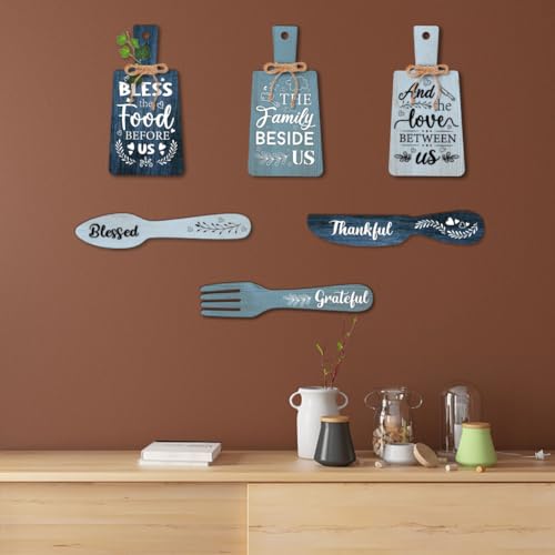PH PandaHall 6pcs Kitchen Wall Decor Bless Food Sign Set Wall Table Accessories Wooden Pendant Decorations Mini Plaque Fork Spoon Shape Sign Rustic Style Home Dector Blue, 11x5.5 inch/11.8x2 inch - Image 5