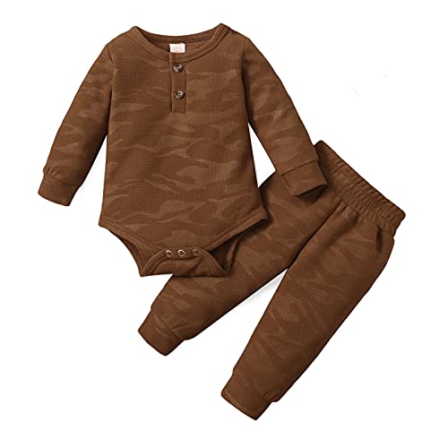 Image of Kuriozud Newborn Baby Boy Girl Clothes Long Sleeve Romper Solid Color Pants Outfits Infant Fall Winter Waffle Clothes