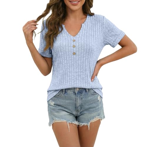 Camisetas de Mangas Cortas acanaladas para Mujer,Top Liso con Escote en V,Estilo Informal, Ajuste Holgado