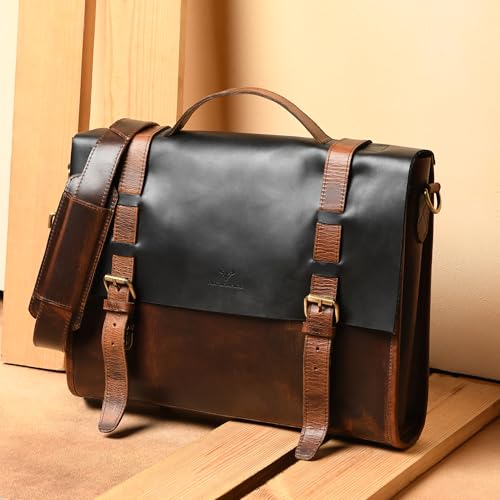 Leather Laptop Messenger Bag for Men & Women – 15 Inch Full Grain Cowhide Black Flap with Brown Hardwax Leather, Cotton Lining, Brass Buckles, Brass Zipper2
