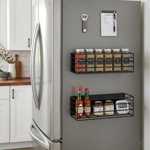 Image of Amazon Basics Magnetic Organizer for Fridge Space-Saving side Storage (27.5 x 11 X 7.5 cm, Iron, Black), Set of 2, Load Capacity: 1.5Kg