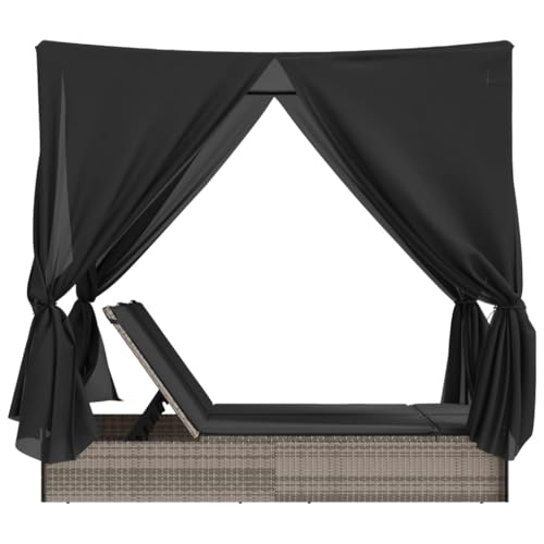 Emmtore Sonnenliege, Doppelliege mit Dach Vorhängen, Gartenliege Verstellbare Rückenlehne, Relaxliege Liege Gartenmöbel,Poly Rattan Sonnenliege,Grau