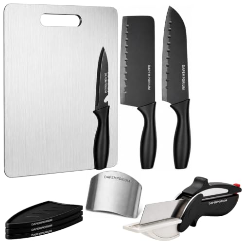 Image of Premium Kitchen Knife Set with Steel Board, Slicer Cutter & Finger Guard (6-Pcs Set) | Black Coated Blade with Cover | Kitchen Knives Cutting Set for Vegetable, Fruit & Daily Cooking
