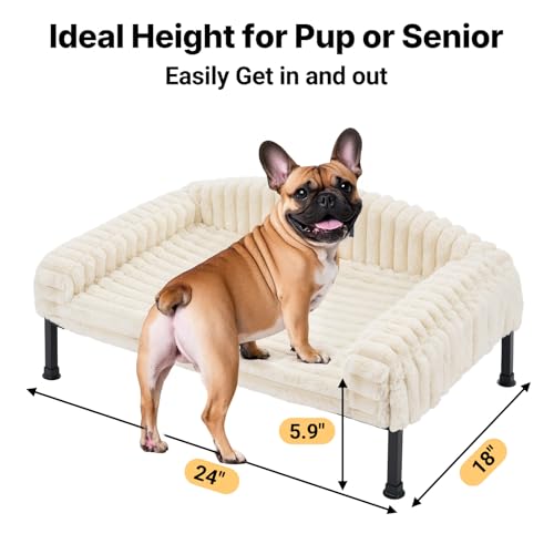 Veehoo Hundeliege Hundesofa für Kleine Hunde, Flauschige Erhöhtes Hundebett mit Abnehmbarem Polster und Orthopädische Matratze, Hunde Sofa Katzensofa mit rutschfeste Füße, Elfenbeinweiß 60x45x10cm